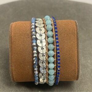 Victoria Emerson blue silver tone beaded rhinestone boho multi strand bracelet